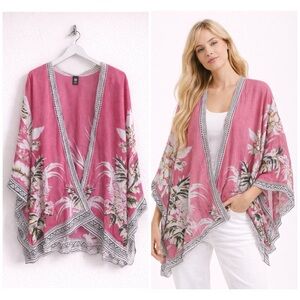 Vince Camuto Pink Floral Open Front Boho Flowy Lightweight Kimono Cardigan OSFA